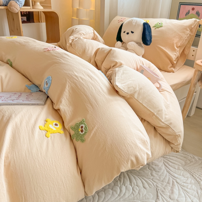爱彼家纺 2025新款超柔水洗棉怪兽毛巾绣学生宿舍三件套上下铺三件套 怪兽-奶咖