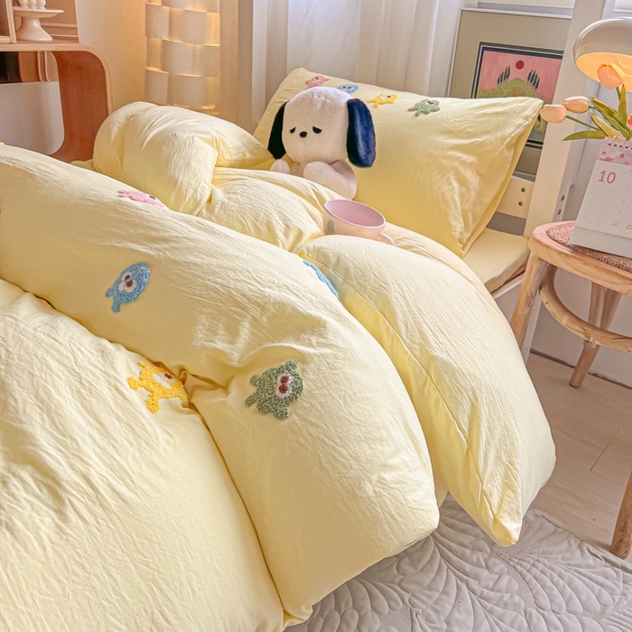 爱彼家纺 2025新款超柔水洗棉怪兽毛巾绣学生宿舍三件套上下铺三件套 怪兽-奶黄
