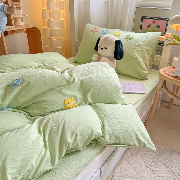 91家纺网 家纺一手货源 找家纺 爱彼家纺 2025新款超柔水洗棉怪兽毛巾绣学生宿舍三件套上下铺三件套 怪兽-果绿