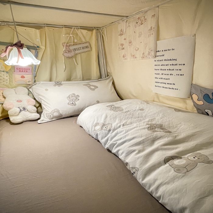 91家纺网 家纺一手货源 找家纺 爱彼家纺 2025新款加厚法式印花学生宿舍三件套上下铺三件套 波点熊