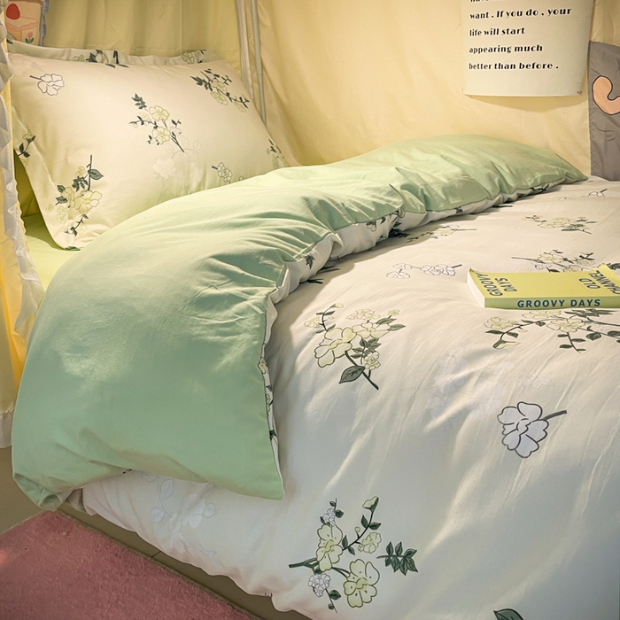 91家纺网 家纺一手货源 找家纺 爱彼家纺 2025新款加厚法式印花学生宿舍三件套上下铺三件套 春意盎然