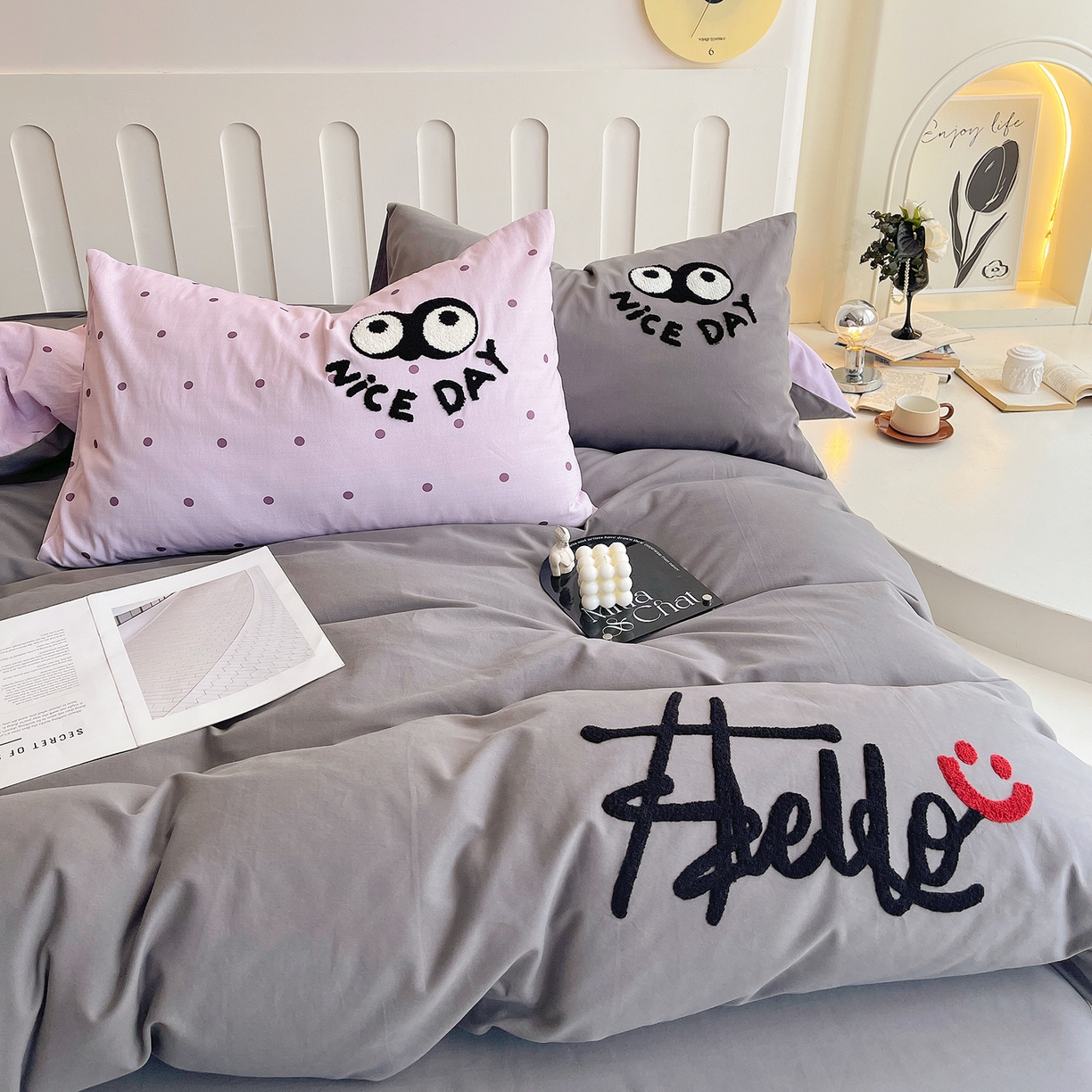 炫拼家纺 2025新款全棉磨毛ins风毛巾绣纯棉四件套-hello系列 hello-可颜