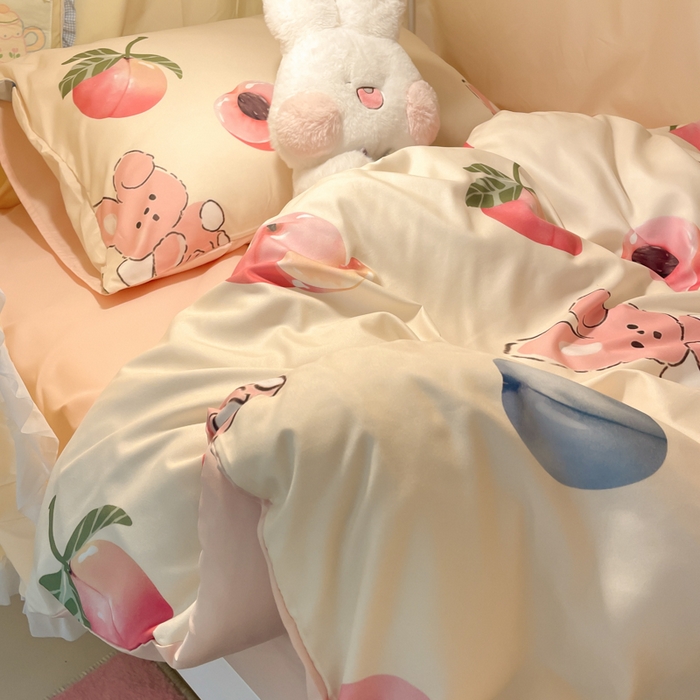 91家纺网 家纺一手货源 找家纺 爱彼家纺 2025新款卡通印花水洗棉学生宿舍三件套上下铺三件套 蜜桃兔