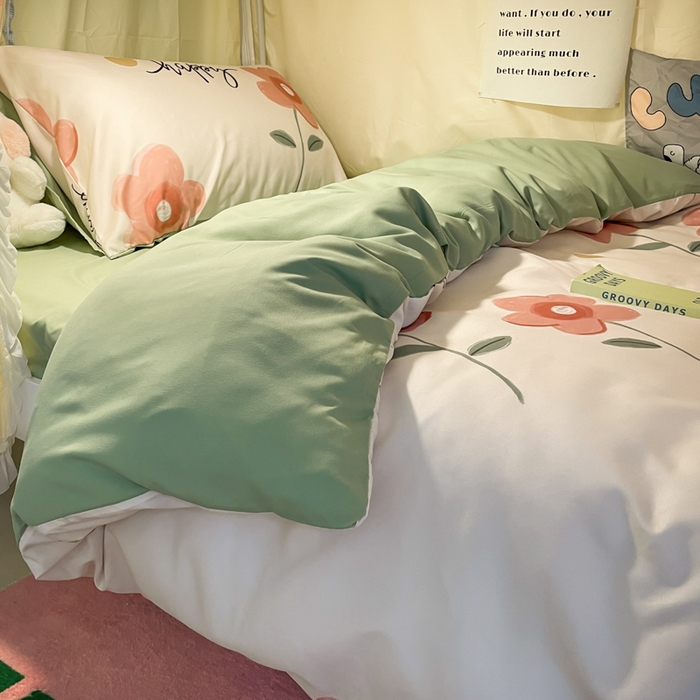 91家纺网 家纺一手货源 找家纺 爱彼家纺 2025新款卡通印花水洗棉学生宿舍三件套上下铺三件套 浪漫花开