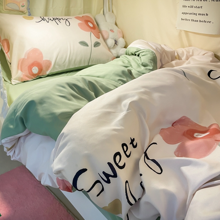 91家纺网 家纺一手货源 找家纺 爱彼家纺 2025新款卡通印花水洗棉学生宿舍三件套上下铺三件套 浪漫花开