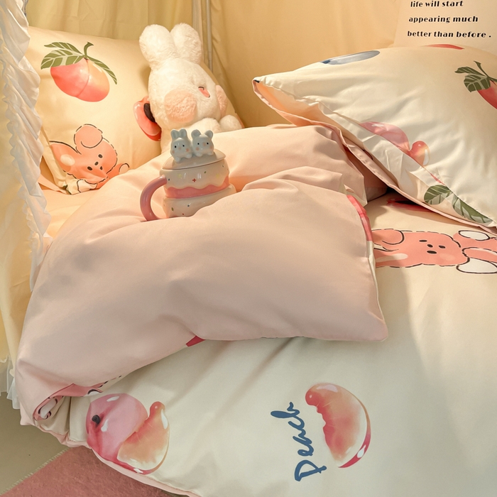 91家纺网 家纺一手货源 找家纺 爱彼家纺 2025新款卡通印花水洗棉学生宿舍三件套上下铺三件套 蜜桃兔