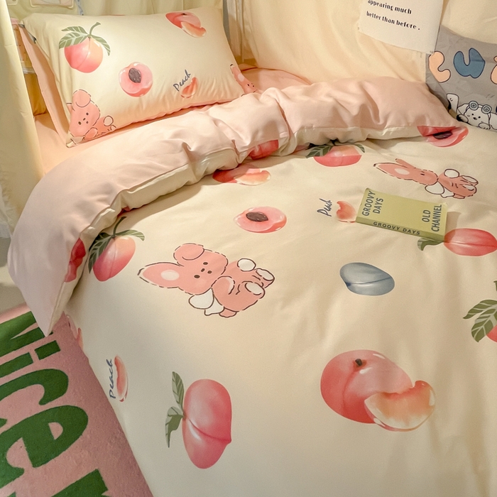 91家纺网 家纺一手货源 找家纺 爱彼家纺 2025新款卡通印花水洗棉学生宿舍三件套上下铺三件套 蜜桃兔