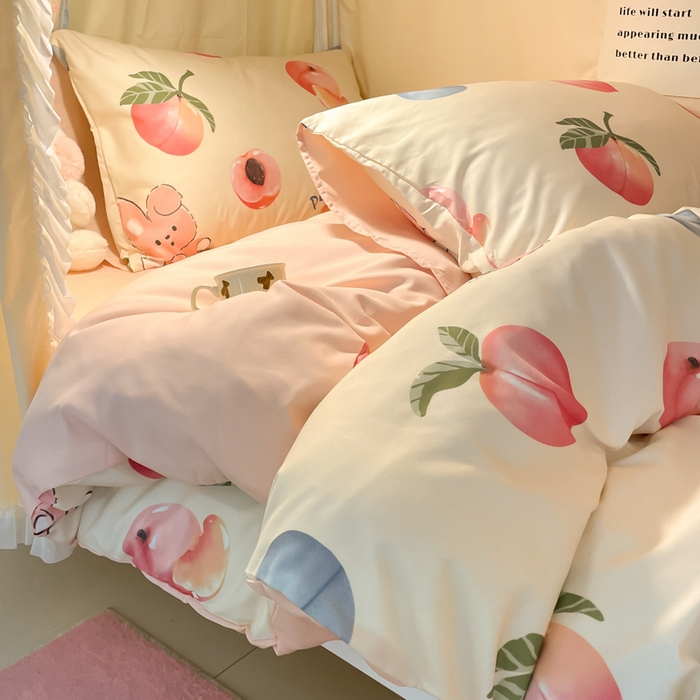 91家纺网 家纺一手货源 找家纺 爱彼家纺 2025新款卡通印花水洗棉学生宿舍三件套上下铺三件套 蜜桃兔