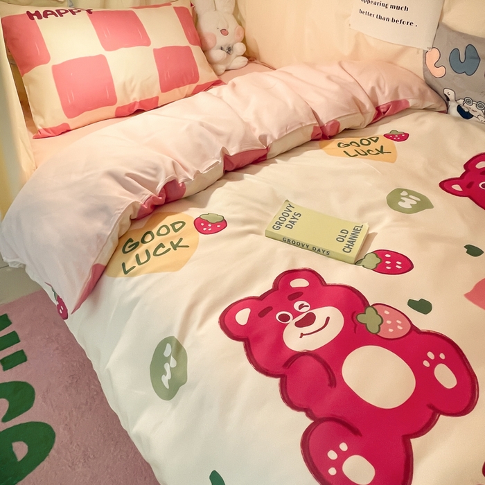 91家纺网 家纺一手货源 找家纺 爱彼家纺 2025新款卡通印花水洗棉学生宿舍三件套上下铺三件套 爱心熊