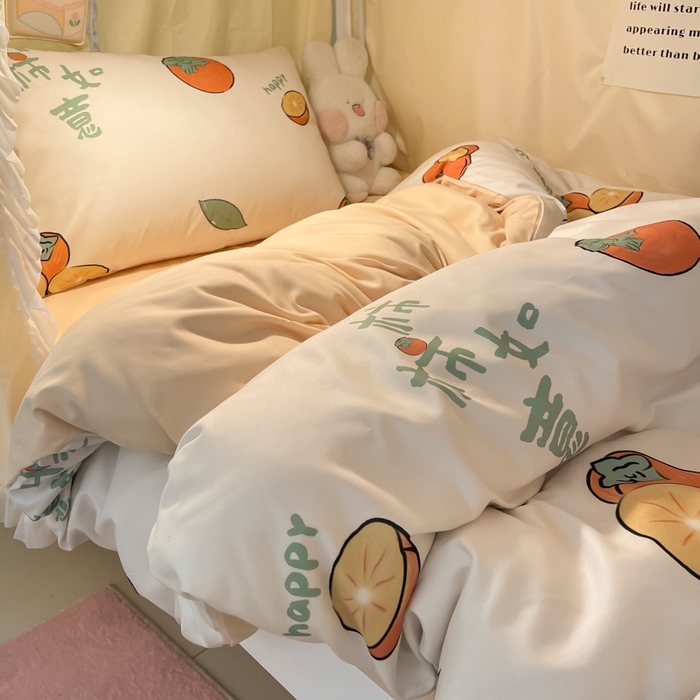 91家纺网 家纺一手货源 找家纺 爱彼家纺 2025新款卡通印花水洗棉学生宿舍三件套上下铺三件套 柿如意