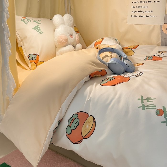 91家纺网 家纺一手货源 找家纺 爱彼家纺 2025新款卡通印花水洗棉学生宿舍三件套上下铺三件套 柿如意