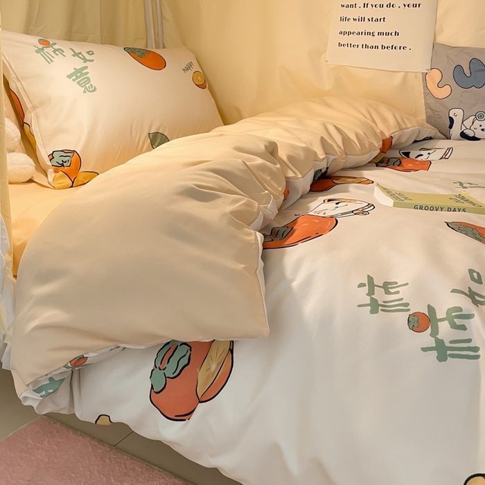 91家纺网 家纺一手货源 找家纺 爱彼家纺 2025新款卡通印花水洗棉学生宿舍三件套上下铺三件套 柿如意