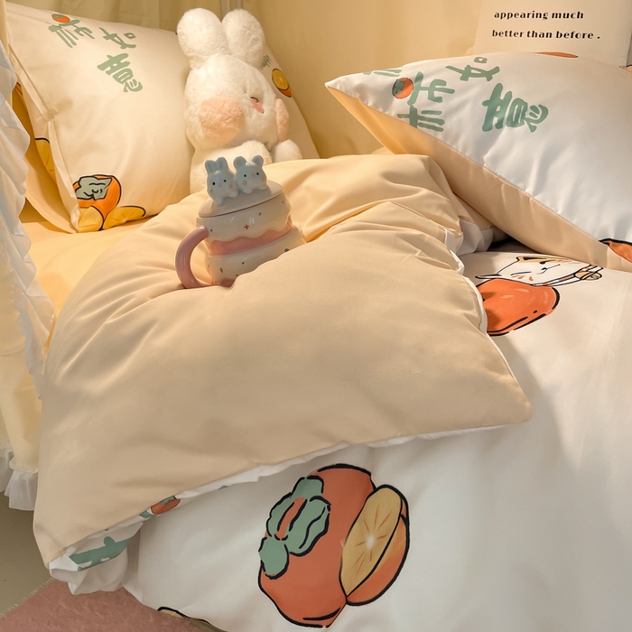 91家纺网 家纺一手货源 找家纺 爱彼家纺 2025新款卡通印花水洗棉学生宿舍三件套上下铺三件套 柿如意