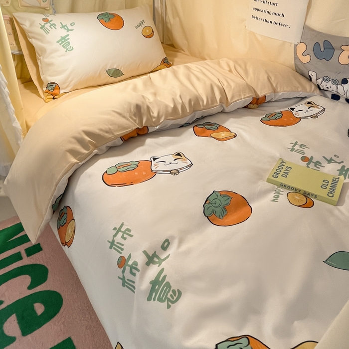 91家纺网 家纺一手货源 找家纺 爱彼家纺 2025新款卡通印花水洗棉学生宿舍三件套上下铺三件套 柿如意
