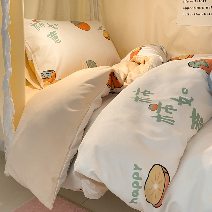 91家纺网 家纺一手货源 找家纺 爱彼家纺 2025新款卡通印花水洗棉学生宿舍三件套上下铺三件套 柿如意