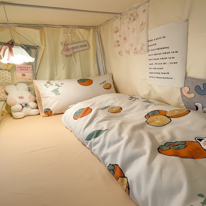 91家纺网 家纺一手货源 找家纺 爱彼家纺 2025新款卡通印花水洗棉学生宿舍三件套上下铺三件套 柿如意