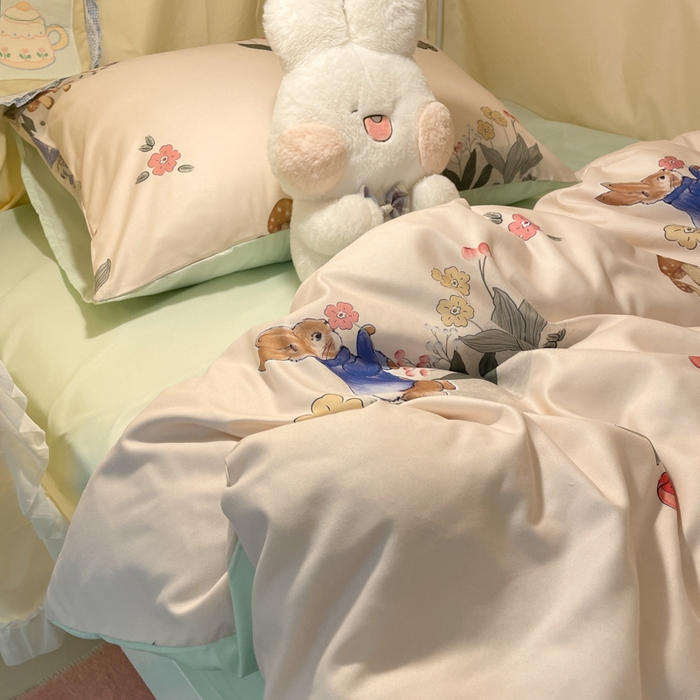 91家纺网 家纺一手货源 找家纺 爱彼家纺 2025新款卡通印花水洗棉学生宿舍三件套上下铺三件套 蘑菇与兔