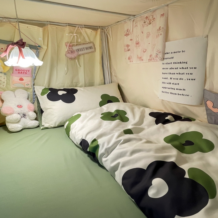 91家纺网 家纺一手货源 找家纺 爱彼家纺 2025新款卡通印花水洗棉学生宿舍三件套上下铺三件套 绿色心情