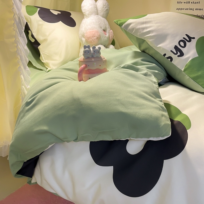 91家纺网 家纺一手货源 找家纺 爱彼家纺 2025新款卡通印花水洗棉学生宿舍三件套上下铺三件套 绿色心情