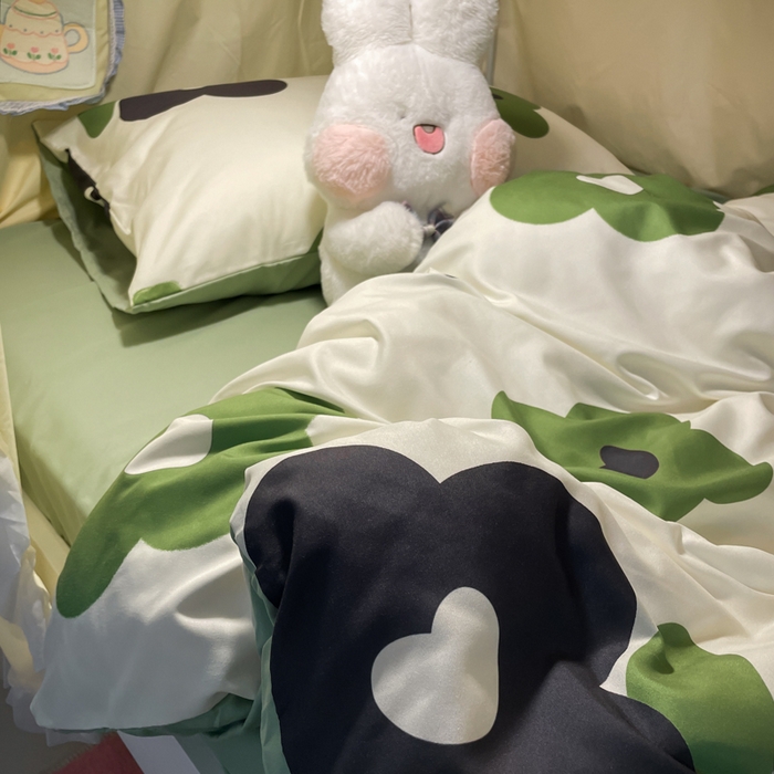 91家纺网 家纺一手货源 找家纺 爱彼家纺 2025新款卡通印花水洗棉学生宿舍三件套上下铺三件套 绿色心情