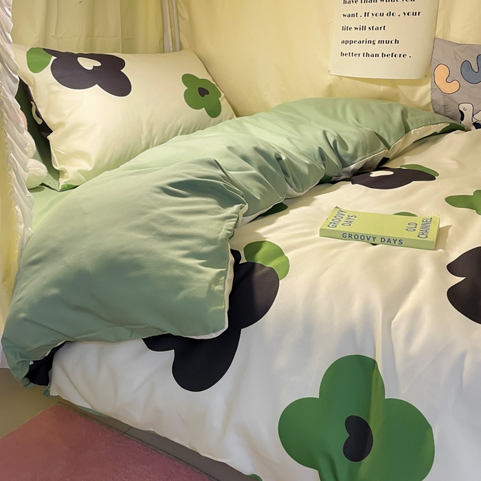 91家纺网 家纺一手货源 找家纺 爱彼家纺 2025新款卡通印花水洗棉学生宿舍三件套上下铺三件套 绿色心情
