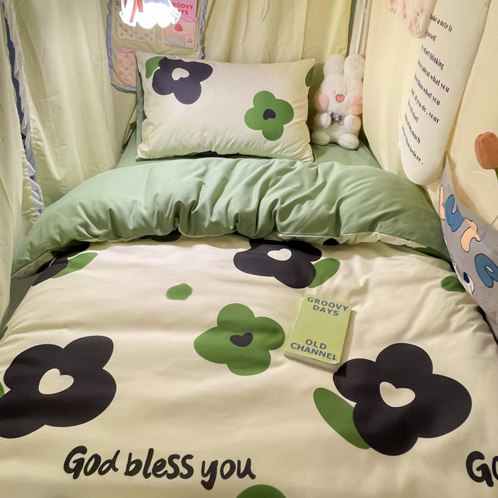 爱彼家纺 2025新款卡通印花水洗棉学生宿舍三件套上下铺三件套 绿色心情