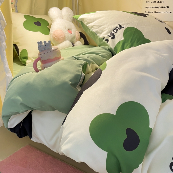 91家纺网 家纺一手货源 找家纺 爱彼家纺 2025新款卡通印花水洗棉学生宿舍三件套上下铺三件套 绿色心情