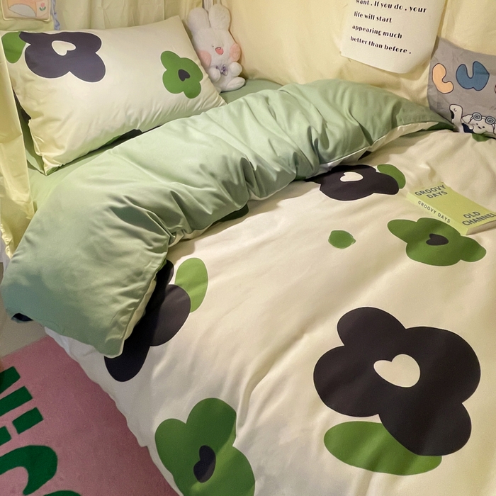 91家纺网 家纺一手货源 找家纺 爱彼家纺 2025新款卡通印花水洗棉学生宿舍三件套上下铺三件套 绿色心情