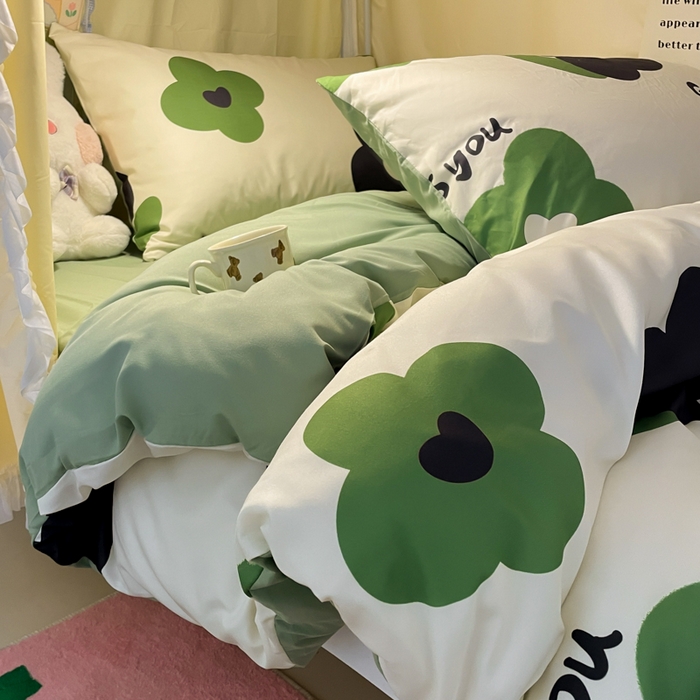 91家纺网 家纺一手货源 找家纺 爱彼家纺 2025新款卡通印花水洗棉学生宿舍三件套上下铺三件套 绿色心情