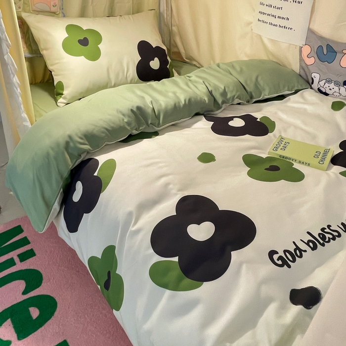 91家纺网 家纺一手货源 找家纺 爱彼家纺 2025新款卡通印花水洗棉学生宿舍三件套上下铺三件套 绿色心情