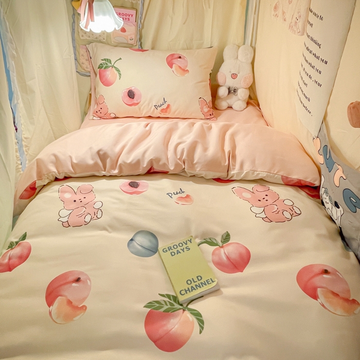 爱彼家纺 2025新款卡通印花水洗棉学生宿舍三件套上下铺三件套 蜜桃兔
