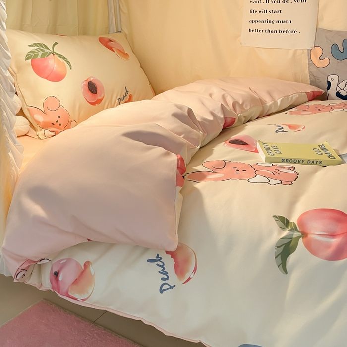 91家纺网 家纺一手货源 找家纺 爱彼家纺 2025新款卡通印花水洗棉学生宿舍三件套上下铺三件套 蜜桃兔
