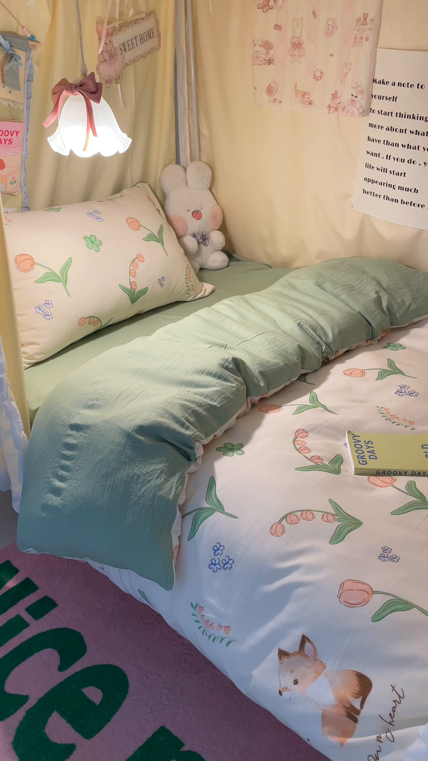 91家纺网 家纺一手货源 找家纺 爱彼家纺 2025新款卡通印花水洗棉学生宿舍三件套上下铺三件套 兔兔花语