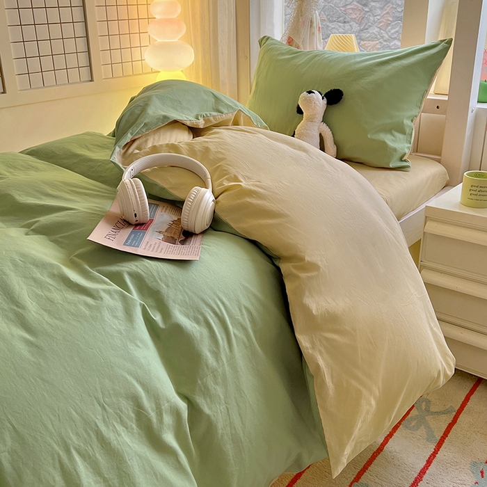 91家纺网 家纺一手货源 找家纺 爱彼家纺 2025新款40支全棉纯棉学生宿舍上下铺三件套-风格1 清水绿米驼