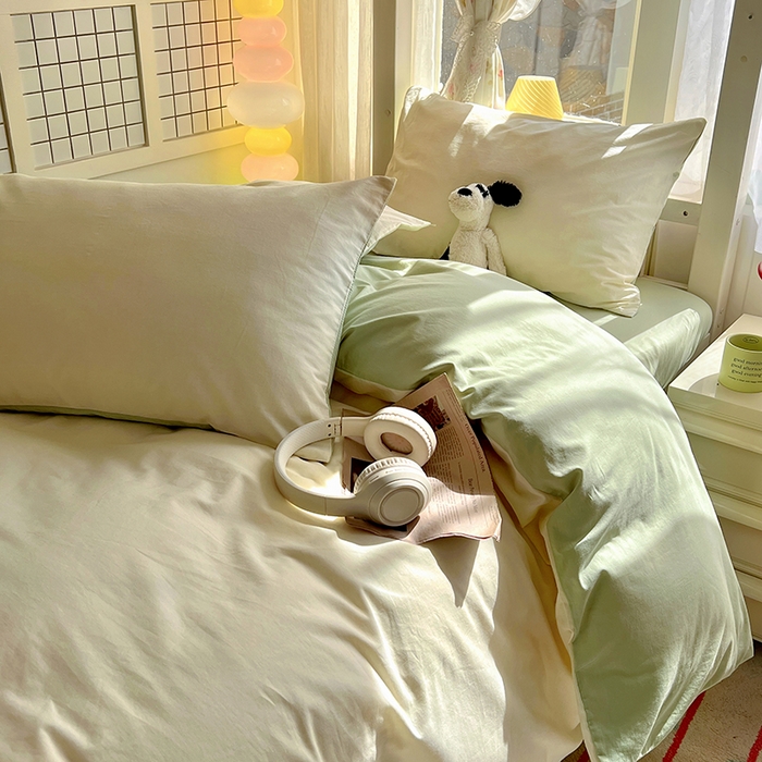 91家纺网 家纺一手货源 找家纺 爱彼家纺 2025新款40支全棉纯棉学生宿舍上下铺三件套-风格1 奶白薄荷绿