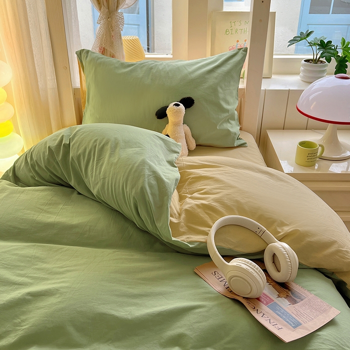 91家纺网 家纺一手货源 找家纺 爱彼家纺 2025新款40支全棉纯棉学生宿舍上下铺三件套-风格1 清水绿米驼