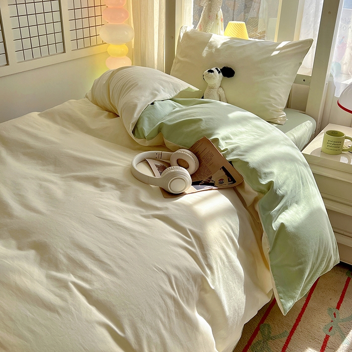 91家纺网 家纺一手货源 找家纺 爱彼家纺 2025新款40支全棉纯棉学生宿舍上下铺三件套-风格1 奶白薄荷绿