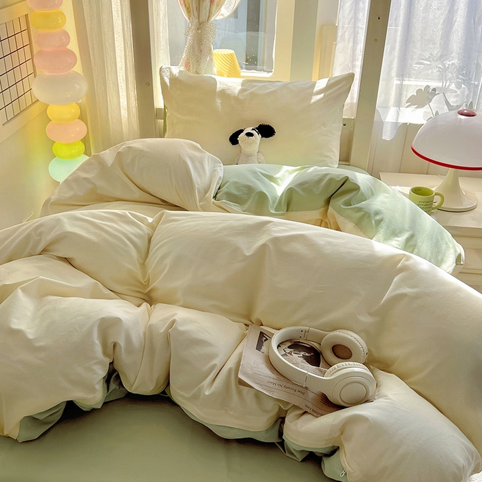爱彼家纺 2025新款40支全棉纯棉学生宿舍上下铺三件套-风格1 奶白薄荷绿