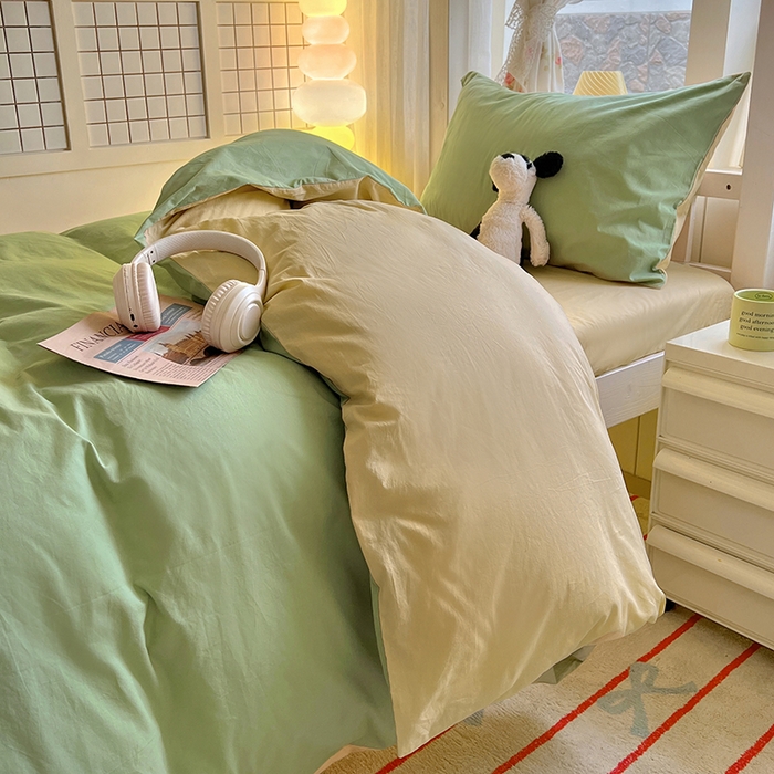 91家纺网 家纺一手货源 找家纺 爱彼家纺 2025新款40支全棉纯棉学生宿舍上下铺三件套-风格2 清水绿米驼