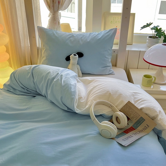 91家纺网 家纺一手货源 找家纺 爱彼家纺 2025新款40支全棉纯棉学生宿舍上下铺三件套-风格2 天空蓝奶白