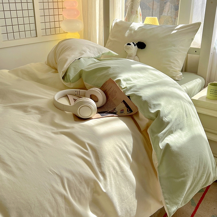 91家纺网 家纺一手货源 找家纺 爱彼家纺 2025新款40支全棉纯棉学生宿舍上下铺三件套-风格2 奶白薄荷绿