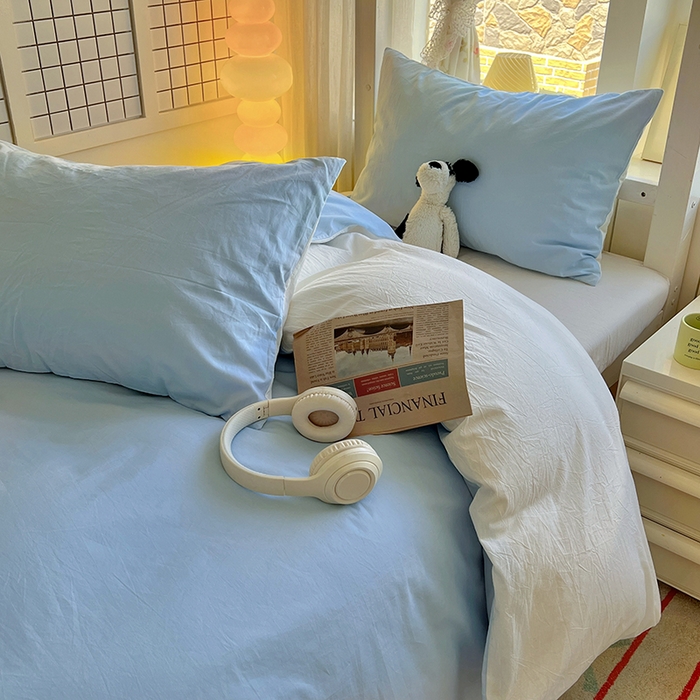 91家纺网 家纺一手货源 找家纺 爱彼家纺 2025新款40支全棉纯棉学生宿舍上下铺三件套-风格2 天空蓝奶白