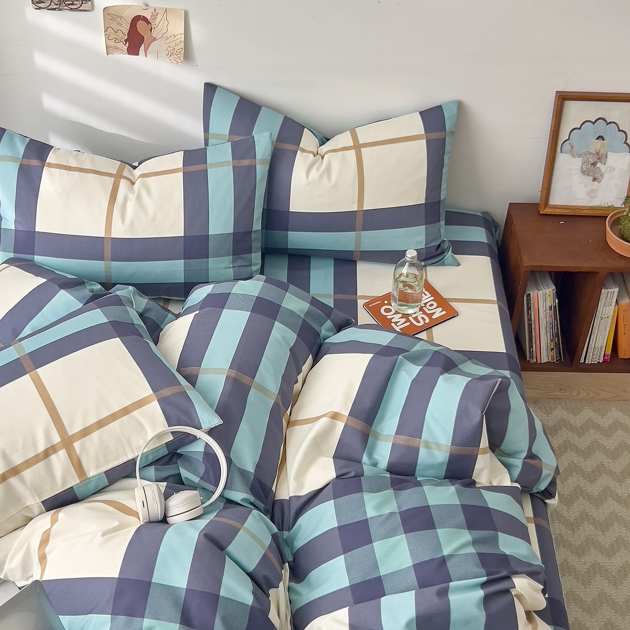 91家纺网 家纺一手货源 找家纺 （总）DoDo 兜兜 2025新款全棉纯棉小清新卡通条格学生宿舍三四件套【可定做尺寸】