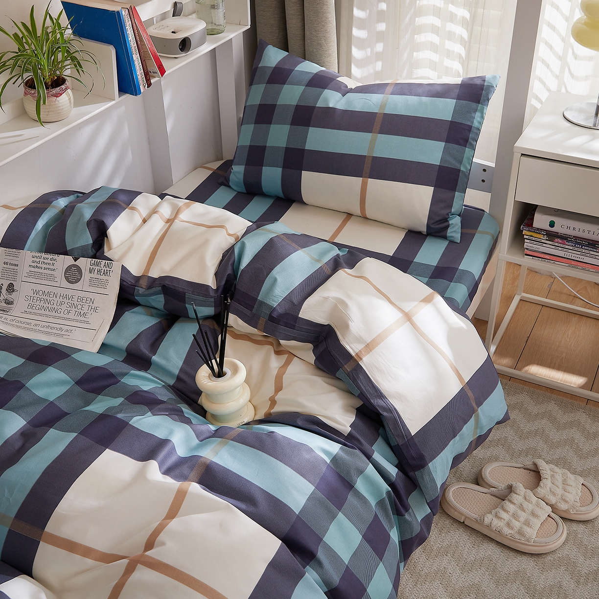 91家纺网 家纺一手货源 找家纺 （总）DoDo 兜兜 2025新款全棉纯棉小清新卡通条格学生宿舍三四件套【可定做尺寸】