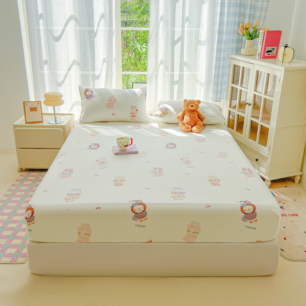 91家纺网 家纺一手货源 找家纺 （总）韩巢家纺 2025新款卡通双层纱床笠单品床笠床笠单件热销款防滑床单床套枕套三件套