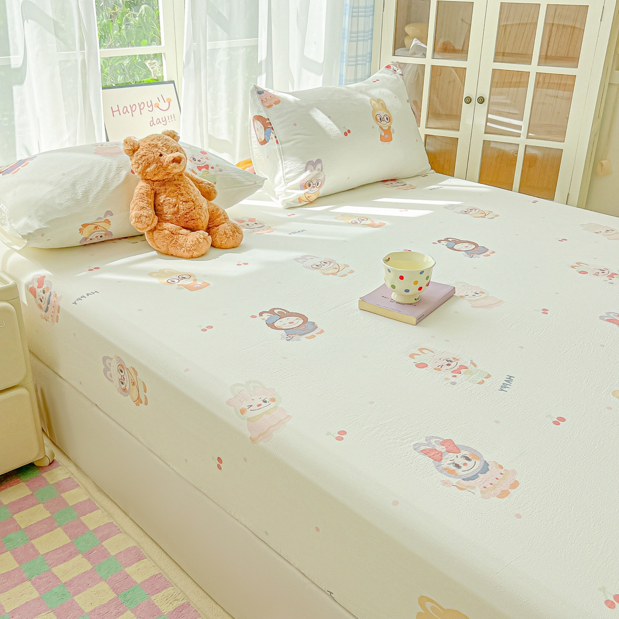 91家纺网 家纺一手货源 找家纺 （总）韩巢家纺 2025新款卡通双层纱床笠单品床笠床笠单件热销款防滑床单床套枕套三件套