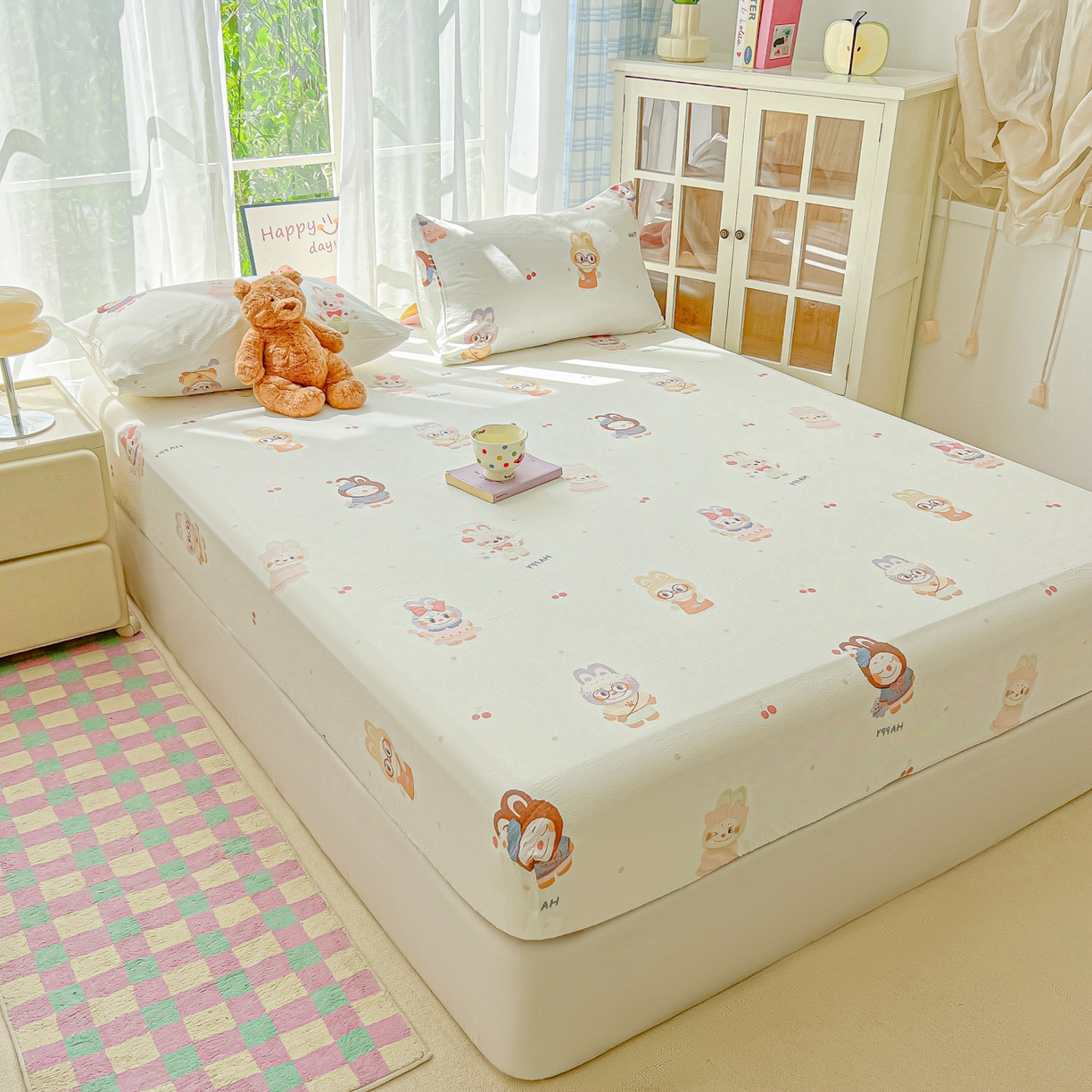 91家纺网 家纺一手货源 找家纺 （总）韩巢家纺 2025新款卡通双层纱床笠单品床笠床笠单件热销款防滑床单床套枕套三件套