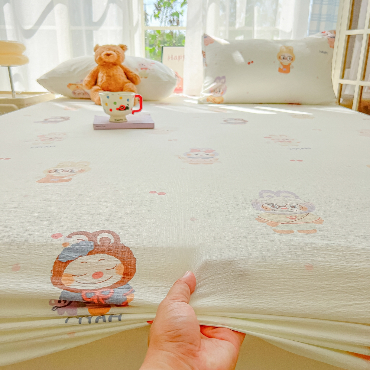 91家纺网 家纺一手货源 找家纺 （总）韩巢家纺 2025新款卡通双层纱床笠单品床笠床笠单件热销款防滑床单床套枕套三件套