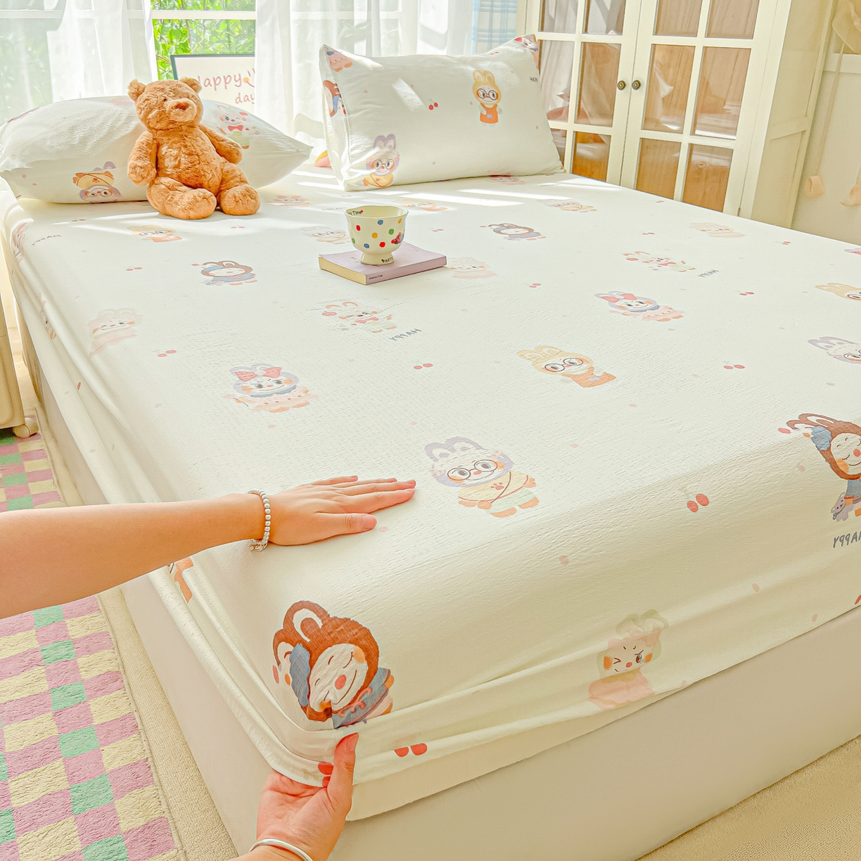 91家纺网 家纺一手货源 找家纺 （总）韩巢家纺 2025新款卡通双层纱床笠单品床笠床笠单件热销款防滑床单床套枕套三件套