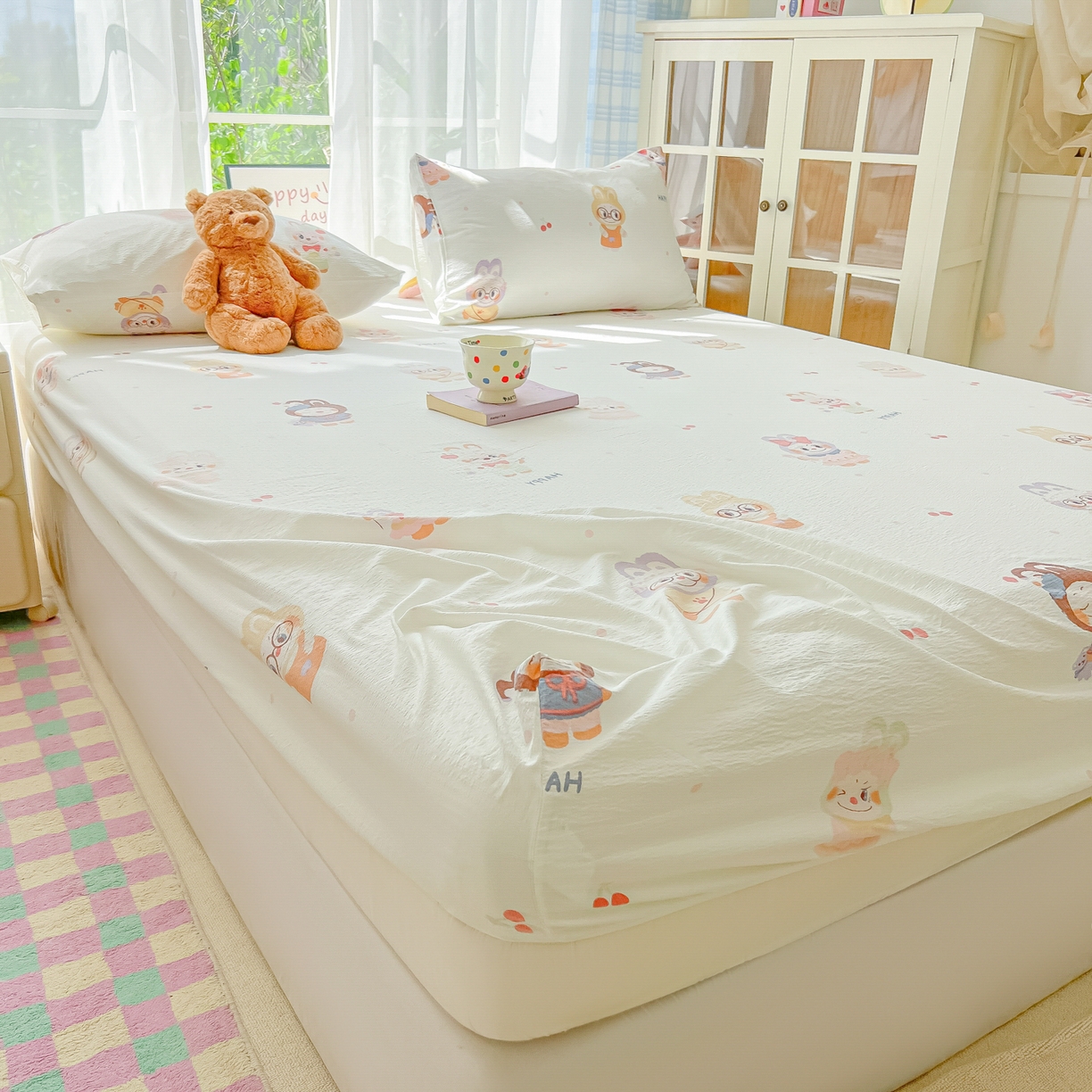 91家纺网 家纺一手货源 找家纺 （总）韩巢家纺 2025新款卡通双层纱床笠单品床笠床笠单件热销款防滑床单床套枕套三件套